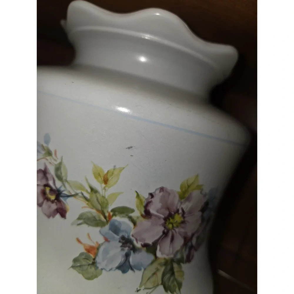 VTG white milk glass hurricane lamp shade featuring blue stripes W/ Ruffled Rim